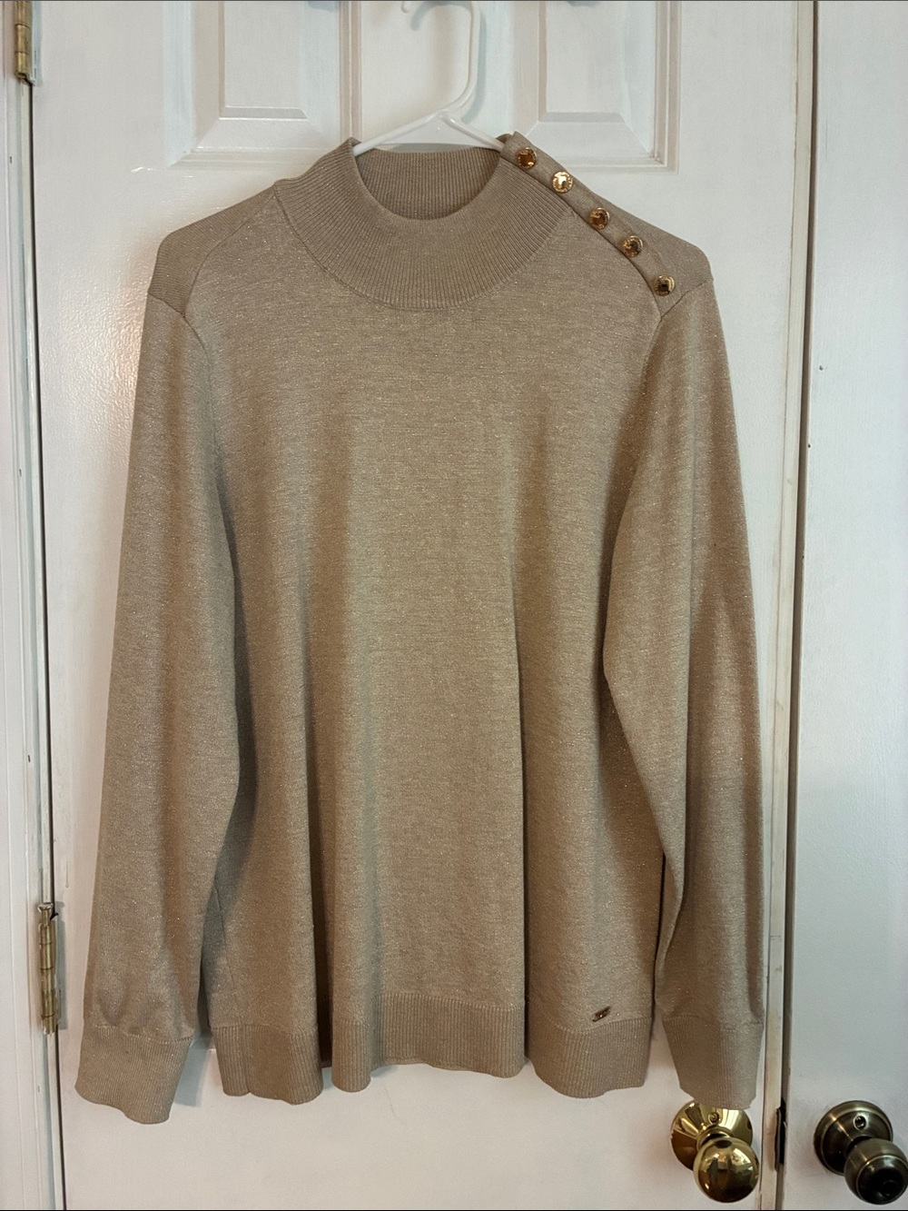 Calvin Klein Tan Crewneck Sweater with Gold Shoulder Buttons